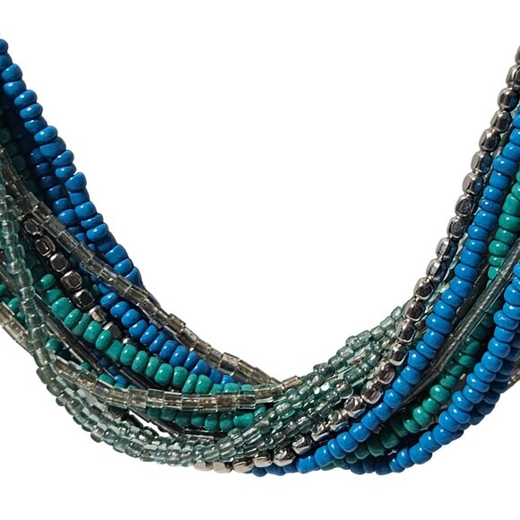 Southwest Boho Blue Seed Bead Necklace Multi Strand Silver Accent Spacers Women - Picture 2 of 6
